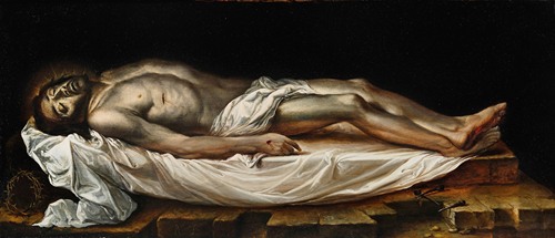 Dead Christ laid on a white cloth with the Crown of Thorns and nails
