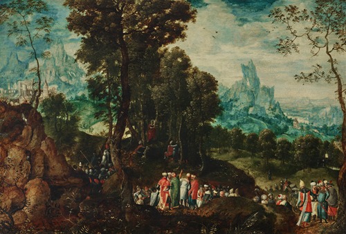 Saint John the Baptist preaching in the wilderness with the Baptism of Christ in the background