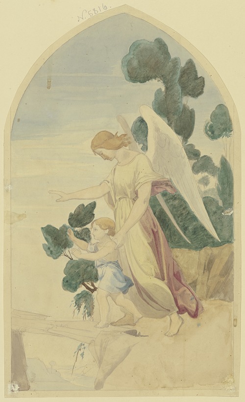 A guardian angel guides a child over a precipice