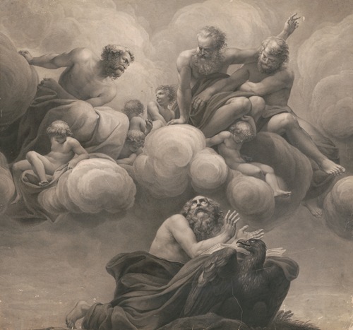 Saint kneeling before book resting on eagle looking up at heaven where three male saints and five putti rest on clouds