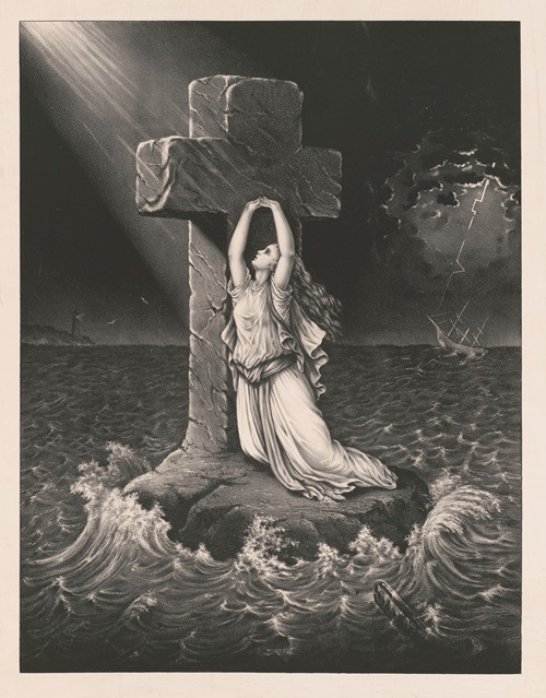 Woman leaning against cross on rock in middle of stormy sea near a shipwreck