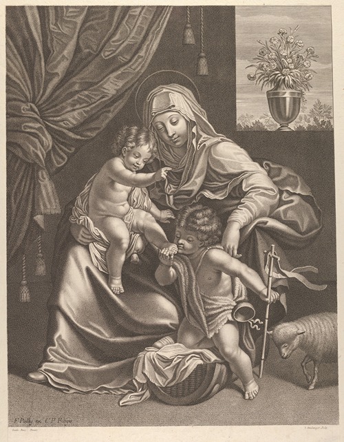 The Virgin seated with the infant Christ on her lap, the young Saint John the Baptist kneeling on Christ’s cradle and kissing his foot