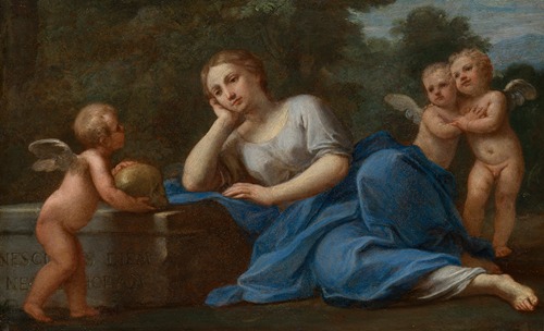 Vanitas with three putti and a woman reclining on a tomb, in a landscape