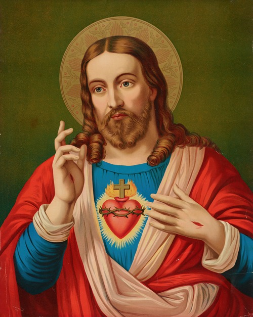 Portrait of Jesus with wounds in hands and halo