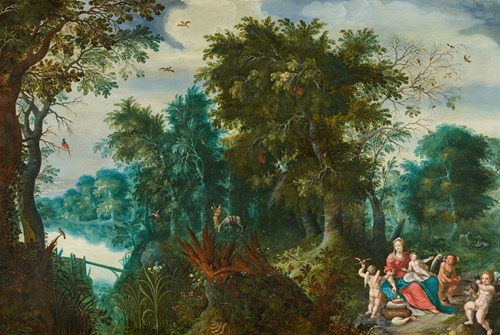 Die Ruhe auf der Flucht nach Ägypten mit Früchte reichenden Engeln
