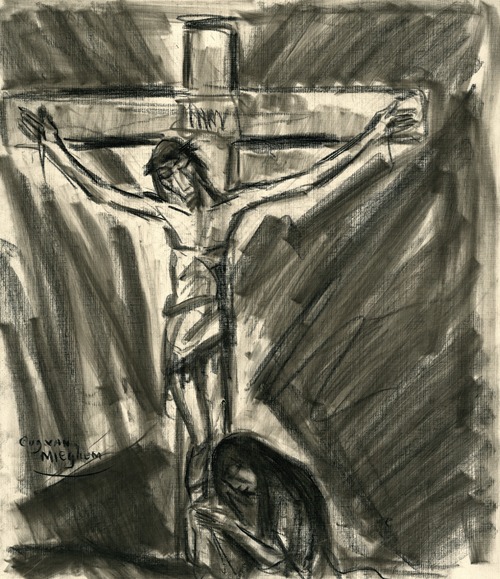 Jezus aan het kruis en onderaan het kruis rechts ziet men een biddende vrouw.