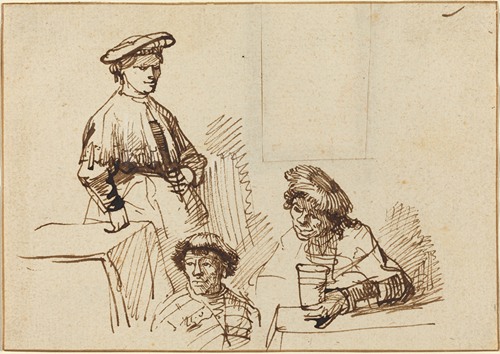 Sketches from a Tavern - Woman Standing and Two Men Seated