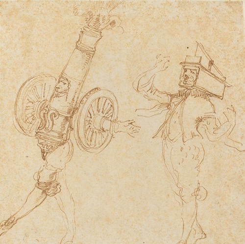 Two Men in Masquerade Costumes - A Cannon Firing and a Cat Inside a Mousetrap (c. 1645)