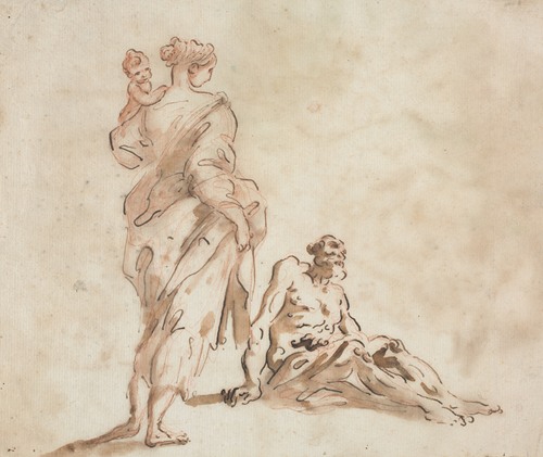 A Standing Woman Holding a Child, a Seated Male at her Feet