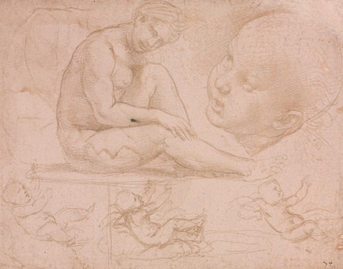 Studies of a Seated Female, Child’s Head, and Three Studies of a Baby (c. 1507-8)
