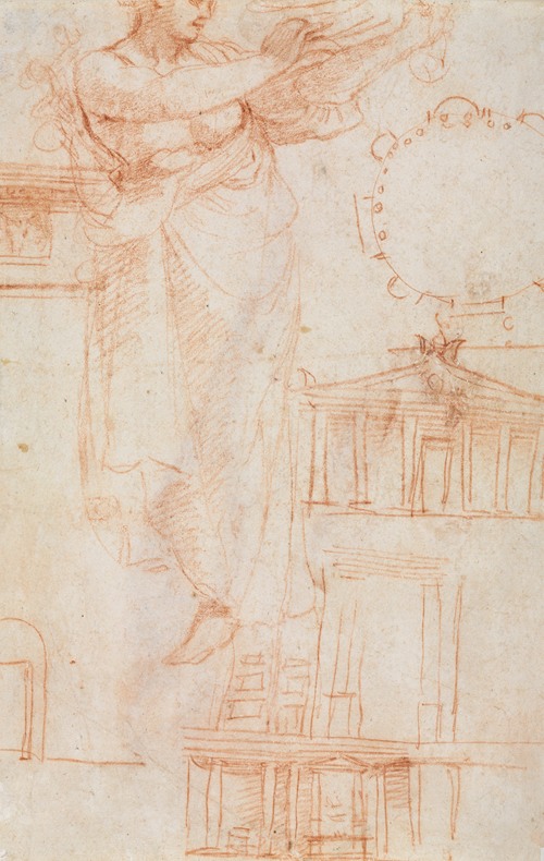 A Draped Female Figure (possibly an Amazon) and Architectural Studies (verso)