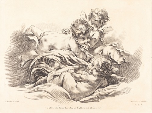 Three Cherubs Playing on Dolphin Like Wave