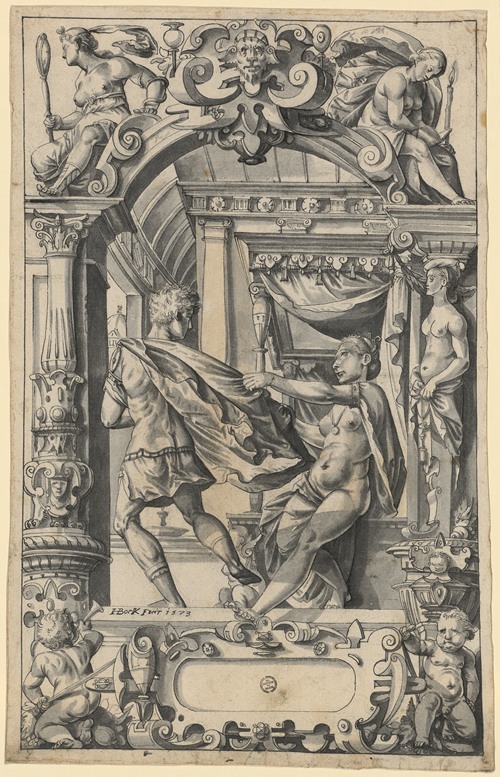 Scheibenriss mit Josefs Flucht vor Potiphars Weib, in den Oberbildern Fides und Prudentia