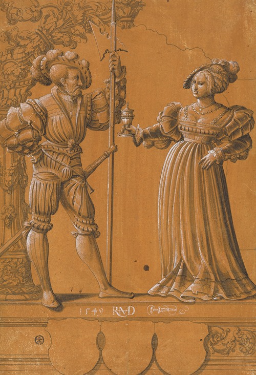 Scheibenriss mit Frau, die einem Landsknecht den Willkommtrunk reicht