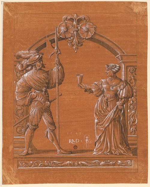 Scheibenriss mit Frau, die einem Landsknecht den Willkommtrunk reicht