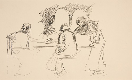 Sketch of four men in medieval dress at a table – unidentified illustration, possibly for ‘Love’s Labours Lost’, The King’s Quandary.
