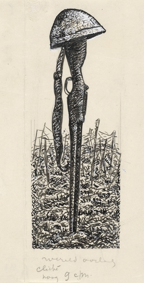 Ontwerp boekillustratie voor Alexander Cohen’s Van Anarchist tot Monarchist; helm op geweer