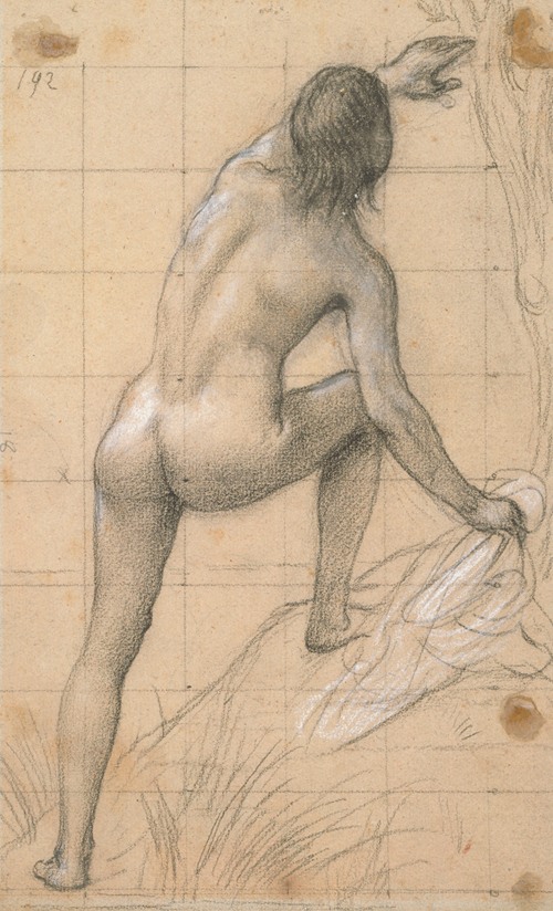 Figure nue de dos, bras gauche tendu vers le haut