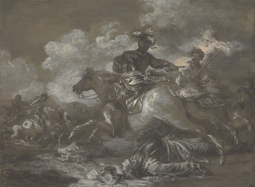 Cavalry Skirmish with a Fallen Soldier at Right
