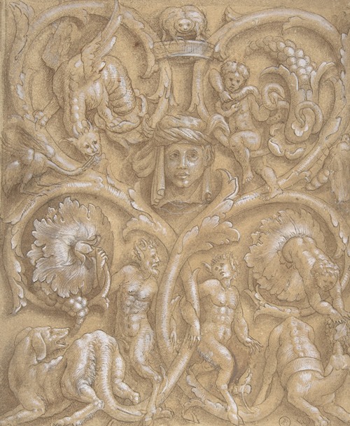 Design for an Ornamental Panel with Rinceaux, Satyrs, Putti, Monsters and a Human Head