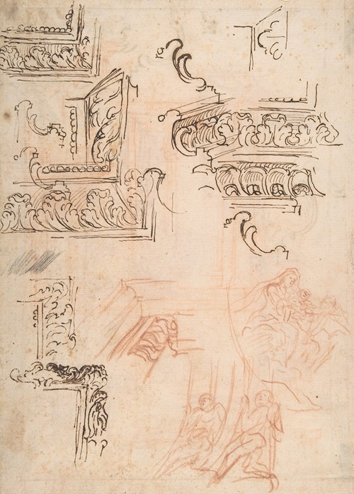 Studies of Architectural Moldings, of the Virgin and Child with a Kneeling Saint, and of Two Angels Supporting Frames