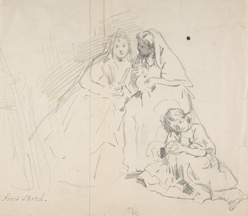 Sketch of Two Seated Women with Young Girl Sitting at Their Feet