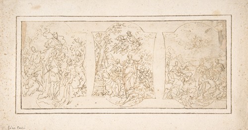 Drawing for Ceiling Decoration Consisting of Three Panels Each Showing a Different Scene with Figures