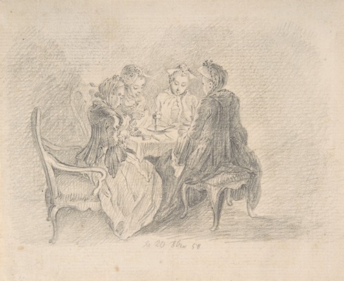 Four Ladies Sitting around a Table Occupied with Needlework, Reading, and Writing