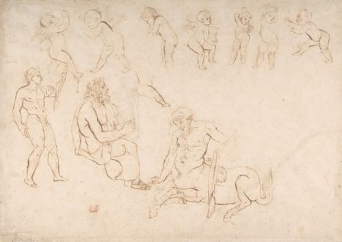 Standing nude athlete; seated man with a lyre; centaur; and seven putti (three with wings)