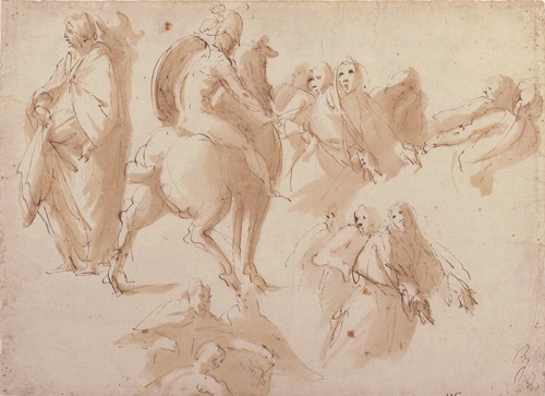 Figure Studies; Warrior on Horseback, and Groups of Standing Female Figures