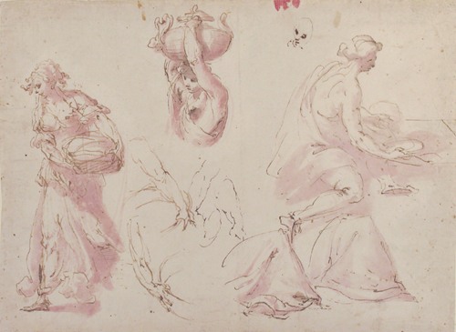 Figure Studies; Woman Carrying a Basket; Woman Carrying a Vase, and Woman Seated at a Table (1565-1608)