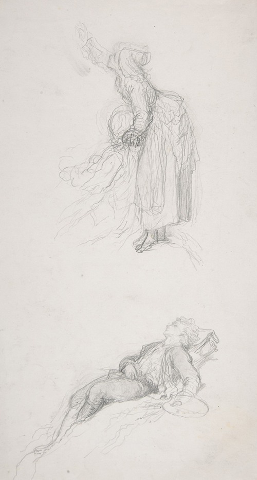 Study of a standing woman with a sitting man; study of a resting artist