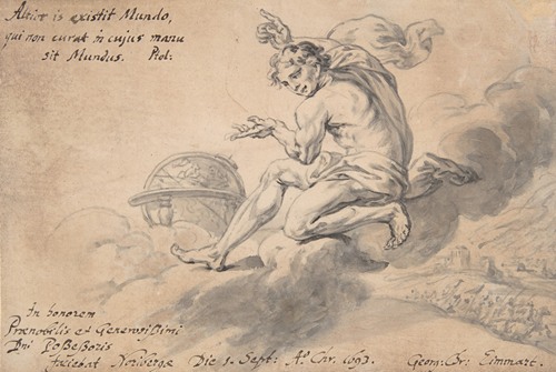 Man Sitting on a Cloud Above a Battlefield, Pointing to a Globe (1693)