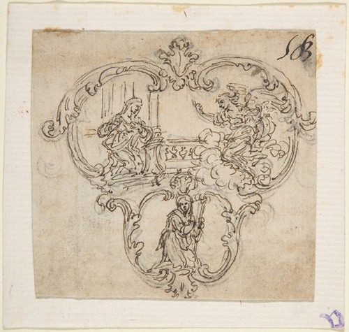 Design for a Cartouche with an Annunication above and a Kneeling Figure with Staff Below