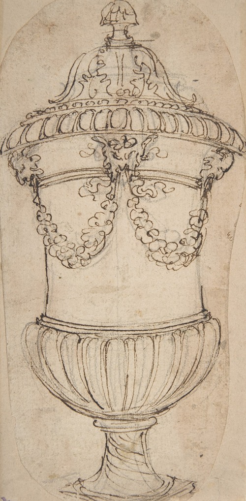 Design for a Lidded Gadrooned Vase with Satyr Heads Holding Garlands