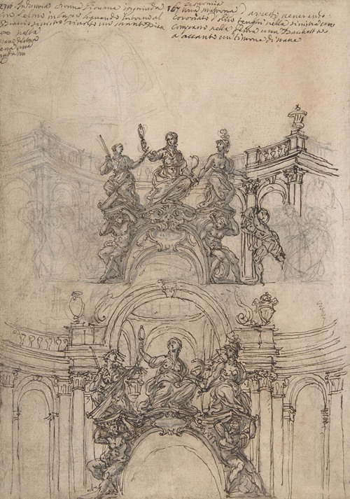 Studies for a Sculpture with Figures of Prudence, Industry and Economy Supported by Slaves and an Oval Plaque with Cartouche; Separate Study for a Cupola