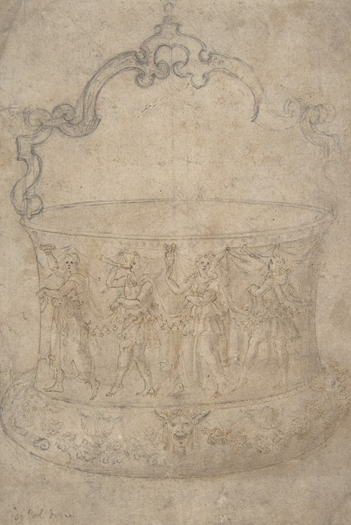 Design for a Bucket-Like Vessel with a Handle of Strapwork, on a Body Adorned with Dancing and Music-Making Antique-Style Figures