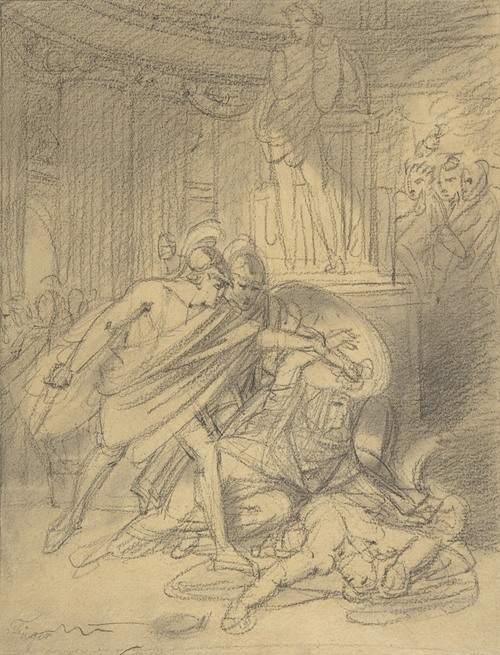 Two Warriors in Classical Costume Bending over Two Figures