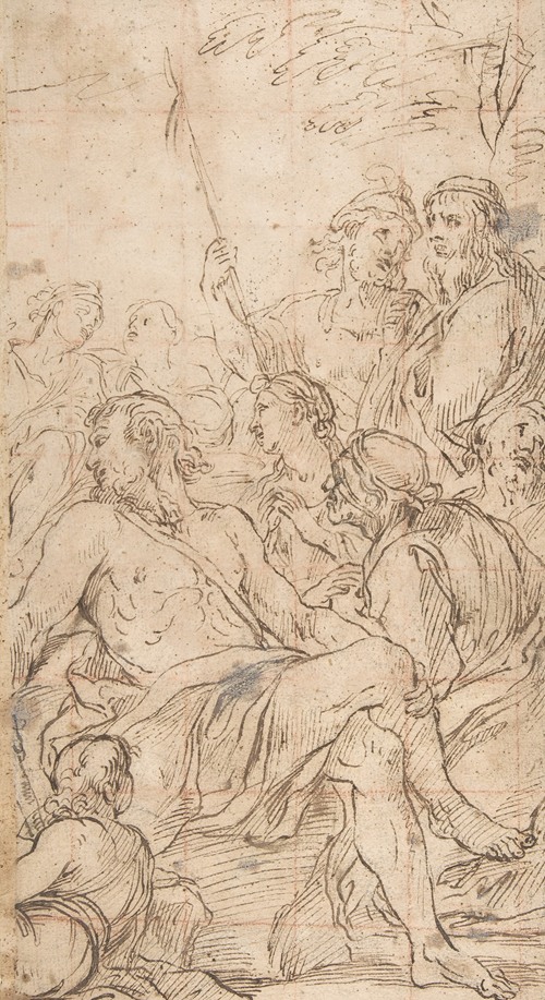 Fragment of a Composition with a Reclining Semi-Nude Man Surrounded by Soldiers and Other Onlookers in a Landscape
