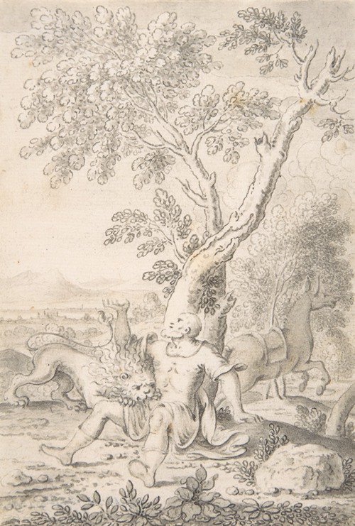 A Man under a Tree Bitten by a Lion while his Horse Escapes