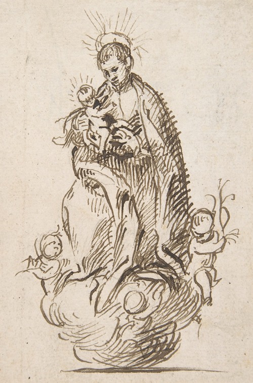 Male Saint standing on clouds supported by putti, holding infant Christ