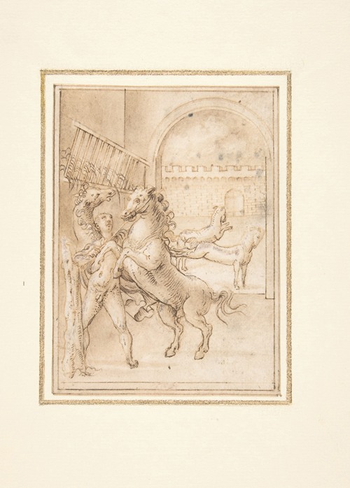 An Allegory; Male Nude in a Stable with Four Wild Horses