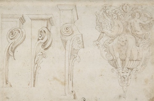 Design for Three Consoles Decorated with Foliage and Volutes and a Console with a Satyr Head Surmounted by Three Human Figures, Garland and Foliage