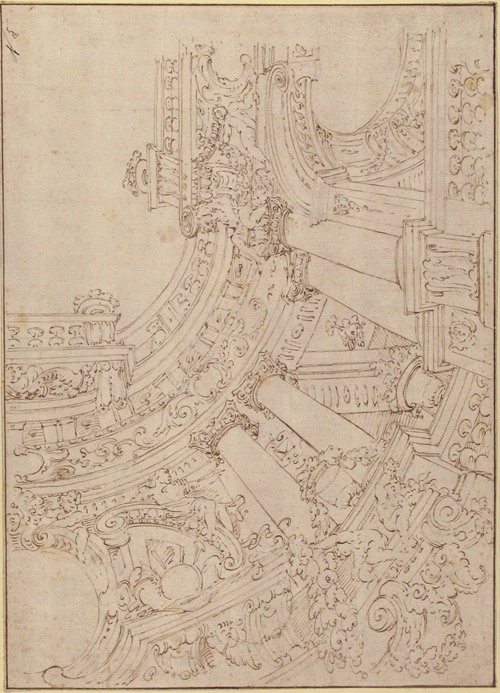 Foreshortened View of a Ceiling Corner Decorated with Columns, Urns and Putti Handing Garlands