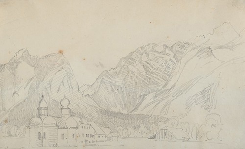 Sketch of the Church of Sankt Bartholomä at the Königsee at the foot of the Watzmann Seen from the East
