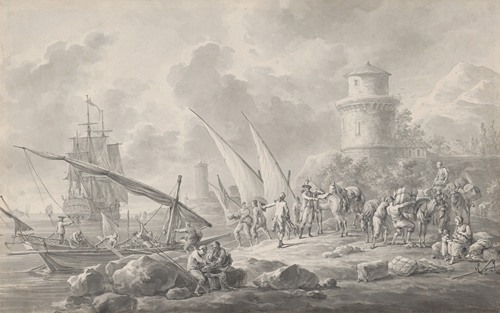 Soldiers Loading Barges for a Large Sailing Ship Along the Coast (1784)