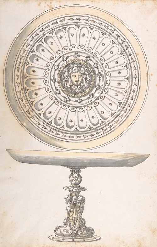 Shallow Round Dish on tall Pedestal Decorated with Fruit and Female Masks