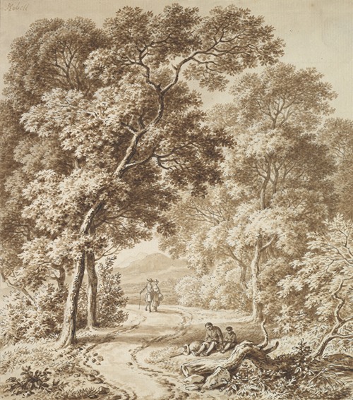 A Path Bordered by Trees with two Beggars and a Couple Strolling