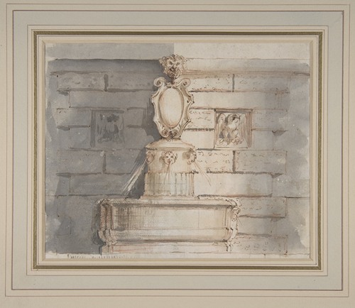 Design for a Fountain at a Street Corner Decorated with Putti Heads, a Coat of Arm and a Gargoyle Head on the Top