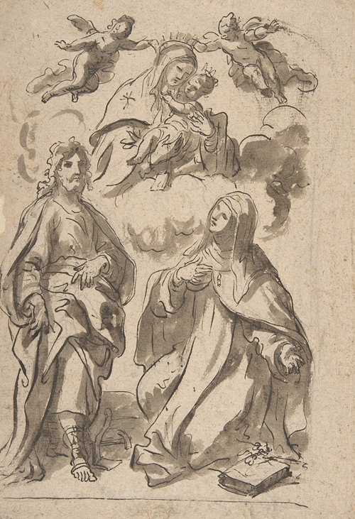 A Male and a Female Saint Adoring the Virgin and Child in Glory